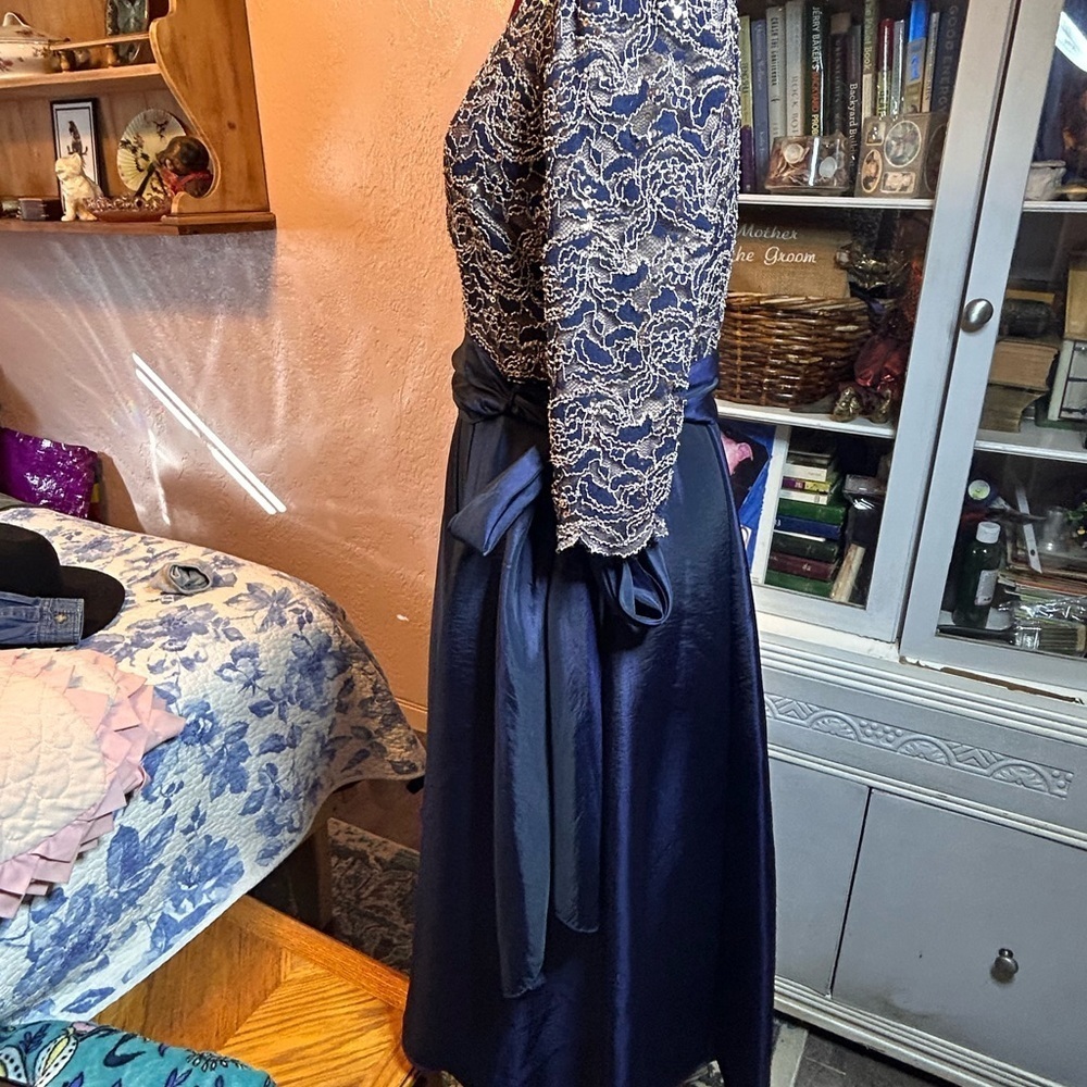 R&M Richards Navy and Gold Sequin Lace 3/4 Sleeve Dress - Picture 3 of 11